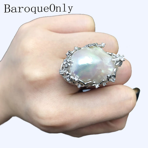 BaroqueOnly natural freshwater pearl 925 Silver Ring  huge Size high gloss Baroque Irregular Pearl Ring, Women Gifts RA