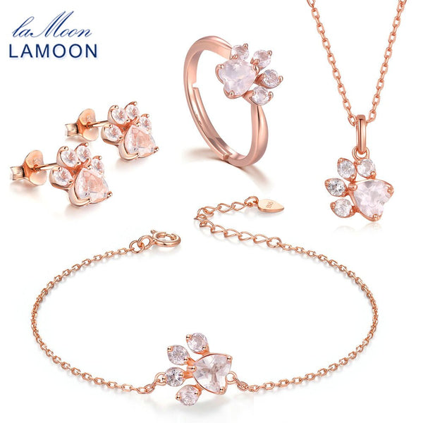 LAMOON Jewelry Sets For Women 100% 925 Sterling Silver Bear's Paw Rose Quartz Natural Gemstone Fine Bridal Jewelry V035-1