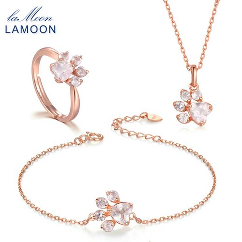 LAMOON Jewelry Sets For Women 100% 925 Sterling Silver Bear's Paw Rose Quartz Natural Gemstone Fine Bridal Jewelry V035-1