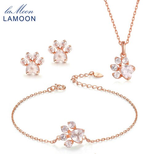 LAMOON Jewelry Sets For Women 100% 925 Sterling Silver Bear's Paw Rose Quartz Natural Gemstone Fine Bridal Jewelry V035-1