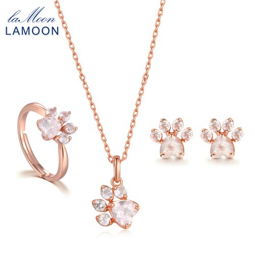 LAMOON Jewelry Sets For Women 100% 925 Sterling Silver Bear's Paw Rose Quartz Natural Gemstone Fine Bridal Jewelry V035-1