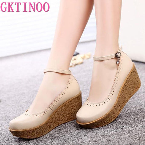 Women's Platform Shoes For Women Genuine Leather Footwear Woman Black Beige Comfort Wedges Breathable Pumps Plus Size 34-42