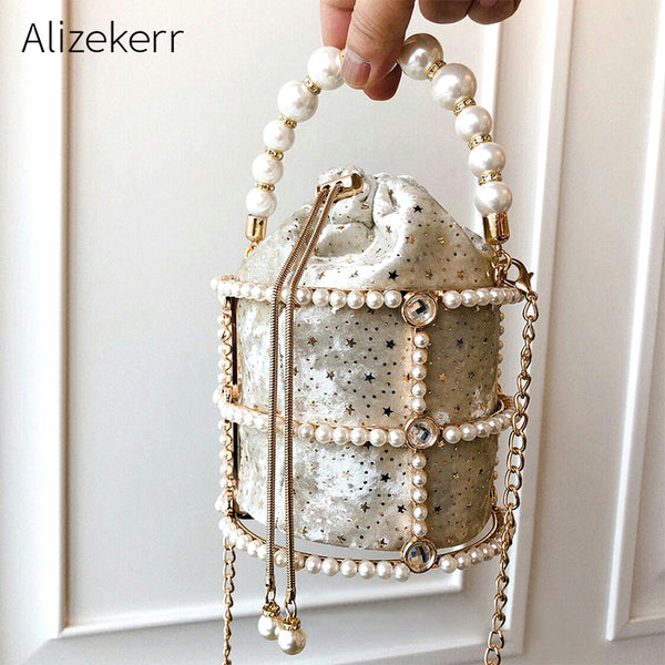 Hollow Out Pearl Bucket Evening Bag Women 2019 Luxury Designer Korean Handmade Alloy Metallic Clutch Bag Ladies Shoulder Bags