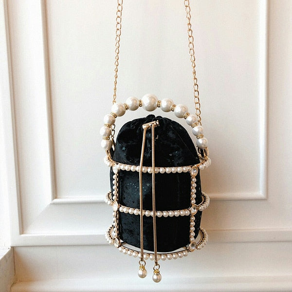 Hollow Out Pearl Bucket Evening Bag Women 2019 Luxury Designer Korean Handmade Alloy Metallic Clutch Bag Ladies Shoulder Bags