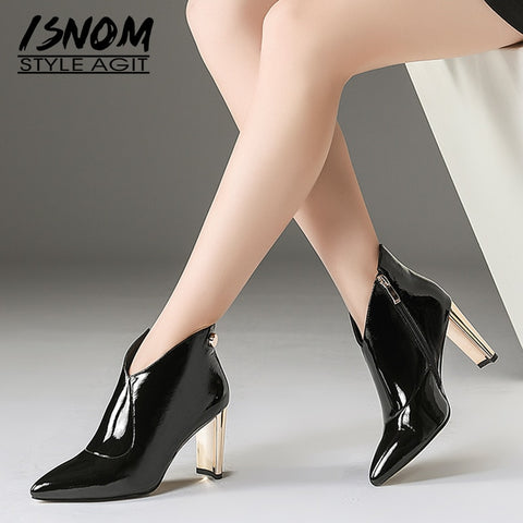 ISNOM Patent Leather Ankle Women Boots Rivet Pointed Toe Footwear Fashion Party Female Boot Warm Shoes Woman 2018 Winter New