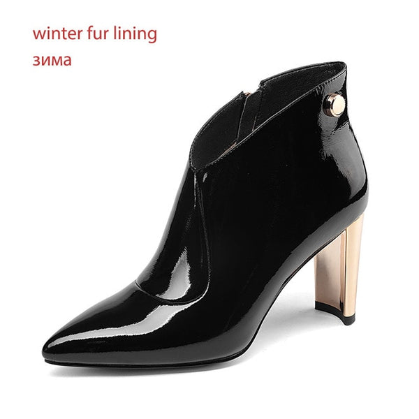 ISNOM Patent Leather Ankle Women Boots Rivet Pointed Toe Footwear Fashion Party Female Boot Warm Shoes Woman 2018 Winter New