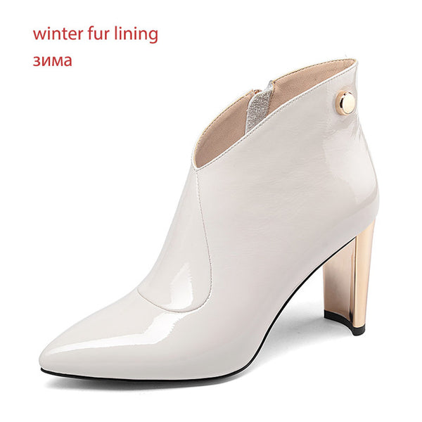 ISNOM Patent Leather Ankle Women Boots Rivet Pointed Toe Footwear Fashion Party Female Boot Warm Shoes Woman 2018 Winter New