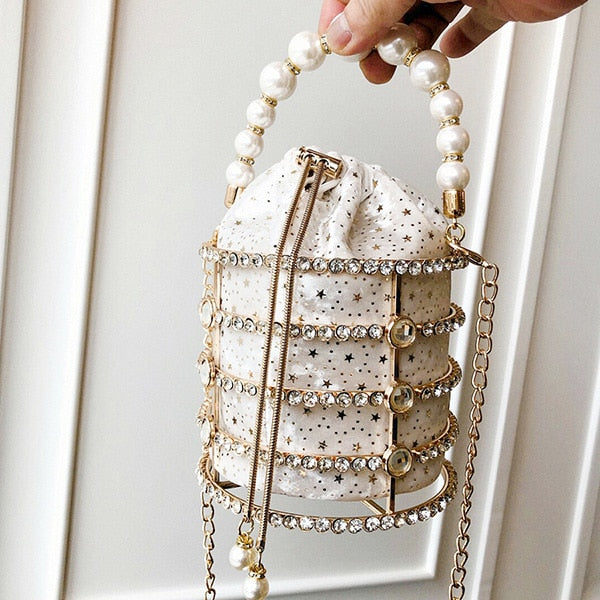 Hollow Out Pearl Bucket Evening Bag Women 2019 Luxury Designer Korean Handmade Alloy Metallic Clutch Bag Ladies Shoulder Bags