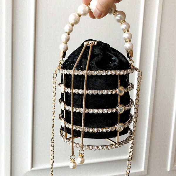 Hollow Out Pearl Bucket Evening Bag Women 2019 Luxury Designer Korean Handmade Alloy Metallic Clutch Bag Ladies Shoulder Bags