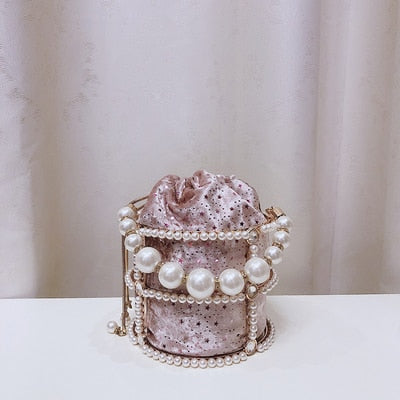 Hollow Out Pearl Bucket Evening Bag Women 2019 Luxury Designer Korean Handmade Alloy Metallic Clutch Bag Ladies Shoulder Bags