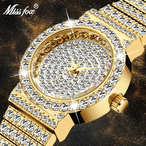 MISSFOX Small Womens Watch FF Unique Products Luxury Brand Diamond Watch Women Waterproof Analog 18K Gold Classic Iced Out Watch