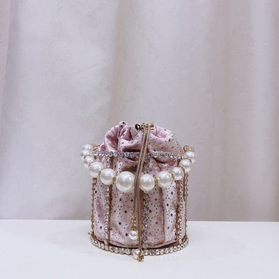 Hollow Out Pearl Bucket Evening Bag Women 2019 Luxury Designer Korean Handmade Alloy Metallic Clutch Bag Ladies Shoulder Bags