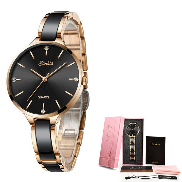 SUNKTA Women Watch Ceramic Watch Women Simple Diamond Clock Casual Fashion Watch Sport Waterproof Wristwatch Relogio Feminino