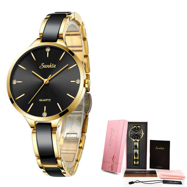 SUNKTA Women Watch Ceramic Watch Women Simple Diamond Clock Casual Fashion Watch Sport Waterproof Wristwatch Relogio Feminino