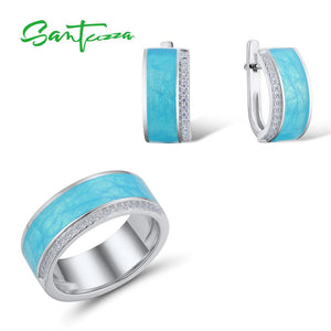 SANTUZZA 925 Silver Jewelry Set for Women Blue Enamel Veins Dazzling CZ Earrings Ring Set серьги кольца Fine Jewelry Handmade