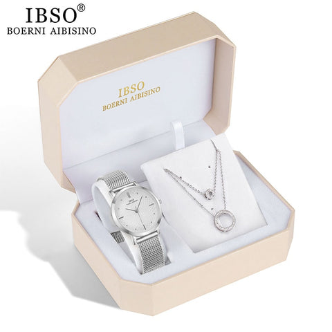 IBSO Brand Women Watch Set Silver Earring Necklace Set Female Jewelry Set Fashion Creative Crystal Quartz Watch Lady's Gift