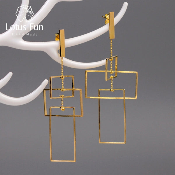 Lotus Fun Real 925 Sterling Silver Fine Jewelry Fashion Elements 18K Gold Geometic Rectangular Design Dangle Earrings for Women