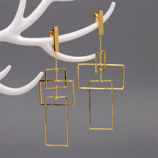 Lotus Fun Real 925 Sterling Silver Fine Jewelry Fashion Elements 18K Gold Geometic Rectangular Design Dangle Earrings for Women