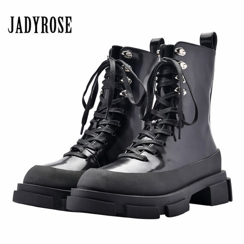 Jady Rose Punk Style Black Women Ankle Boots Thick Heel Creepers Riding Boots Lace Up Autumn Botas Mujer Platform Rubber Shoes