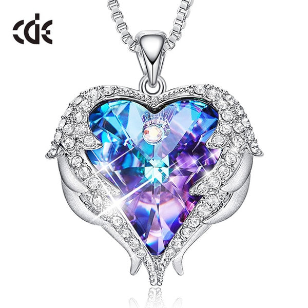 CDE Fashion Angel Wings Heart Shape Pendant Necklace with Amethyst Crystal for Women Fine Jewelry Valentine's Day Gifts