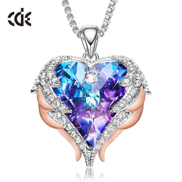 CDE Fashion Angel Wings Heart Shape Pendant Necklace with Amethyst Crystal for Women Fine Jewelry Valentine's Day Gifts