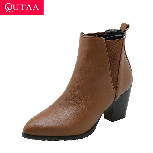 QUTAA 2020 New Autumn Winter Sexy Pointed Toe Slip on Concise Ankle Boots Thick Heel PU Leather Fashion Women Shoes Size 34-43