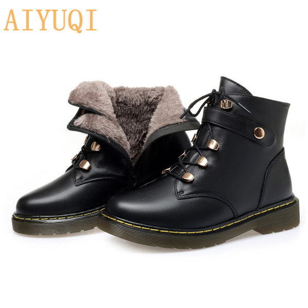 AIYUQI Girl Martin Boots Genuine Leather Warm Women Winter Boots Flat Lace UP Women Motorcycle Boots Student shoes