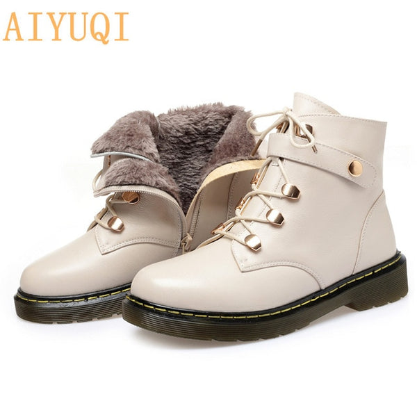 AIYUQI Girl Martin Boots Genuine Leather Warm Women Winter Boots Flat Lace UP Women Motorcycle Boots Student shoes