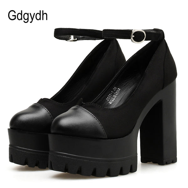 Gdgydh 2019 Autumn Round PU Toe Women Pumps Flock Thick High Heeled Female Single Shoes Ankle Strap Buckle Platform Ladies Shoes