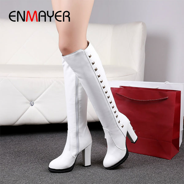 ENMAYER Square Heel Over-the-Knee PU White Boots Women Winter Shoes Solid Rubber Rivet Booties 2018 Woman Combat Boots for Women