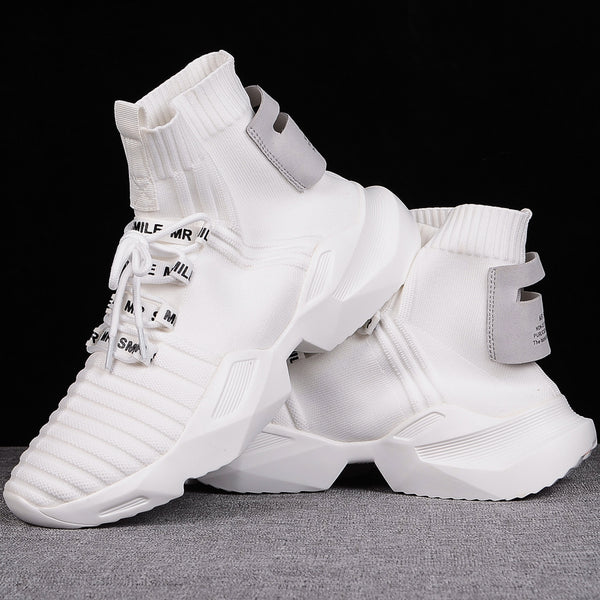 35-44 Plus Size White Black Couple High Top Platform Sneakers Women Men Knitted Casual Shoes Breathable Chunky Trainers 2019