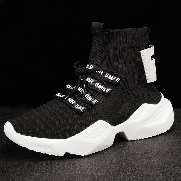 35-44 Plus Size White Black Couple High Top Platform Sneakers Women Men Knitted Casual Shoes Breathable Chunky Trainers 2019