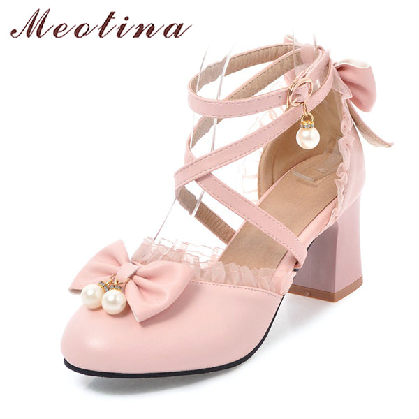 Meotina High Heels 2019 Women Lolita Shoes Ankle Strap Pumps Spring Bow Pearls Lace Shoes High Heels Party Shoes Big Size 43 44