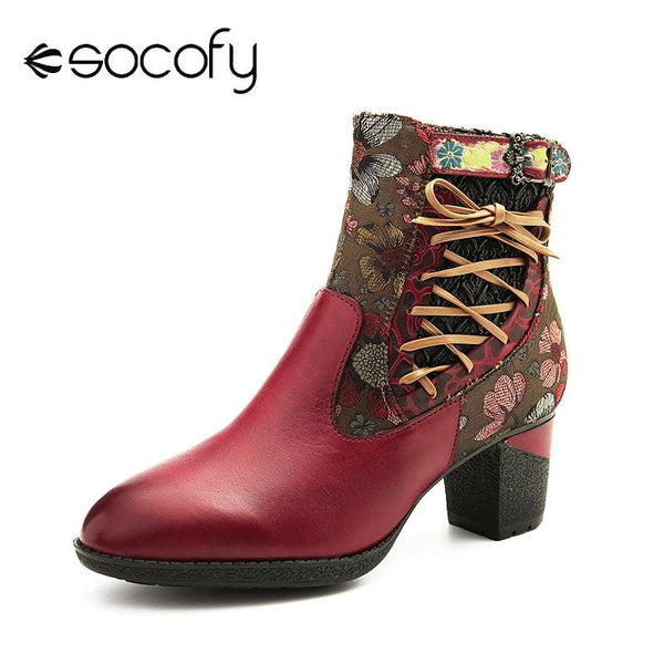 SOCOFY Retro Boots Printed Sun Flower Lace Up Zipper Soft Ankle Boots Elegant Shoes Women Botines Mujer 2019 New