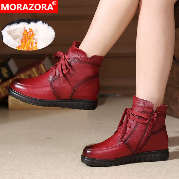 MORAZORA 2020 hot sale soft leather Motorcycle Boots women lace up warm snow boots zip flat shoes ladies ankle boots winter