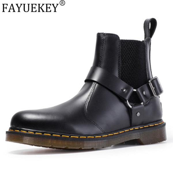 2019 Winter Genuine Leather Boots Women Men Black  Ankle Boots Buckle Chelsea boots Ladies Couple shoes Dr Motorcycle