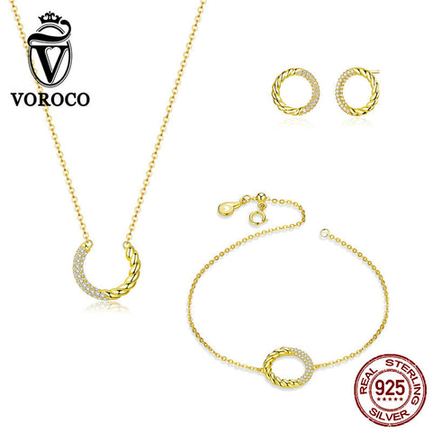 VOROCO Real 925 Sterling Silver Jewelry Set Golden Circle Round Set Earrings & Bracelet & Necklace Women Fine Jewelry ZBS164