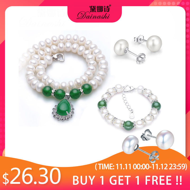 Dainashi new large natural 9-10 mm necklace women's earrings and bracelet sets with freshwater pearl green agate for women