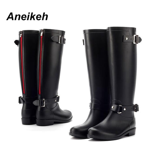 Aneikeh PVC Women Rain Boots Girls Ladies Rubber Shoes For Casual Walking Outdoor Mid-calf Waterproof Female Low Heel Shoe