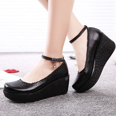 Women's Platform Shoes For Women Genuine Leather Footwear Woman Black Beige Comfort Wedges Breathable Pumps Plus Size 34-42