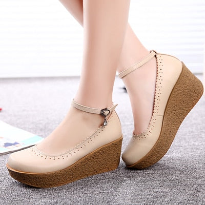 Women's Platform Shoes For Women Genuine Leather Footwear Woman Black Beige Comfort Wedges Breathable Pumps Plus Size 34-42