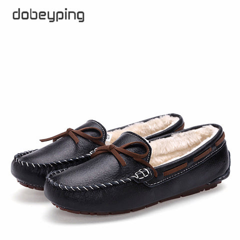 New Cow Leather Women Shoes Keep Warm Moccasins Shoes Woman Slip On Female Flats Fur Loafers Plush Winter Boat Shoe Size 35-41