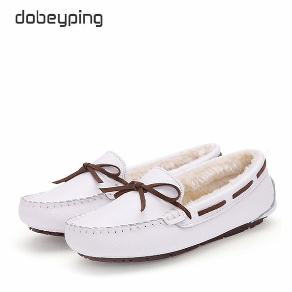 New Cow Leather Women Shoes Keep Warm Moccasins Shoes Woman Slip On Female Flats Fur Loafers Plush Winter Boat Shoe Size 35-41