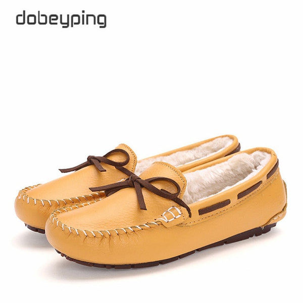 New Cow Leather Women Shoes Keep Warm Moccasins Shoes Woman Slip On Female Flats Fur Loafers Plush Winter Boat Shoe Size 35-41