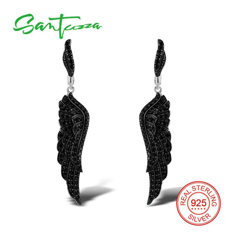 SANTUZZA Silver Black Angel's Wing Earrings For Women 925 Sterling Silver  Earrings Silver 925 Cubic Zirconia brincos Jewelry