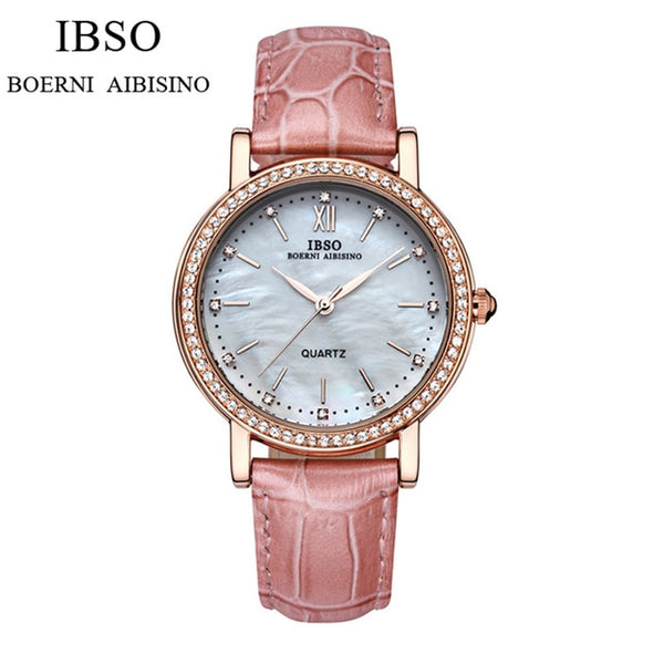 IBSO Brand Fashion Woman Watches Leather Strap Watch Women Luxury Crystal Diamond 2018 Quartz Wristwatches Montre Femme