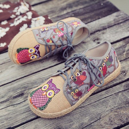 Veowalk Vintage Women Shoes Thai Cotton Linen Canvas Owl Embroidered Cloth Single National Flats Woven Round Toe Lace Up Shoes