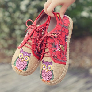 Veowalk Vintage Women Shoes Thai Cotton Linen Canvas Owl Embroidered Cloth Single National Flats Woven Round Toe Lace Up Shoes