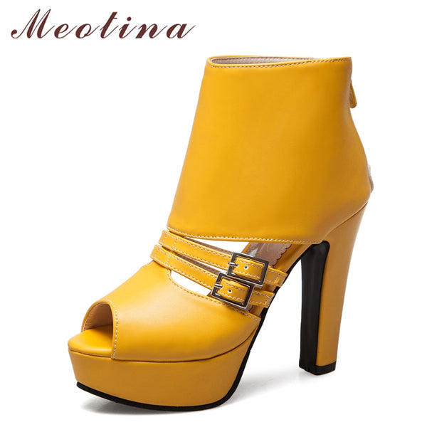 Meotina Women Pumps High Heels Platform Shoes Peep Toe Buckle Zip 2018 Spring Spike Heels Ladies Party Shoes Yellow Size 34-43