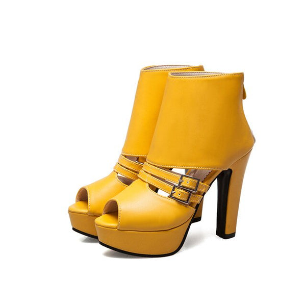 Meotina Women Pumps High Heels Platform Shoes Peep Toe Buckle Zip 2018 Spring Spike Heels Ladies Party Shoes Yellow Size 34-43